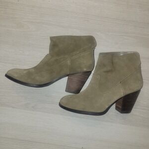Suede Ankle Boots Taupe Block Heel Foldover Cuff Western Style